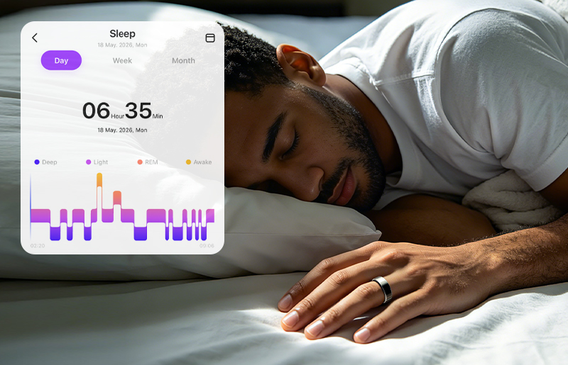 Man sleeping while wearing Vanberray Smart Ring with sleep analysis app panel