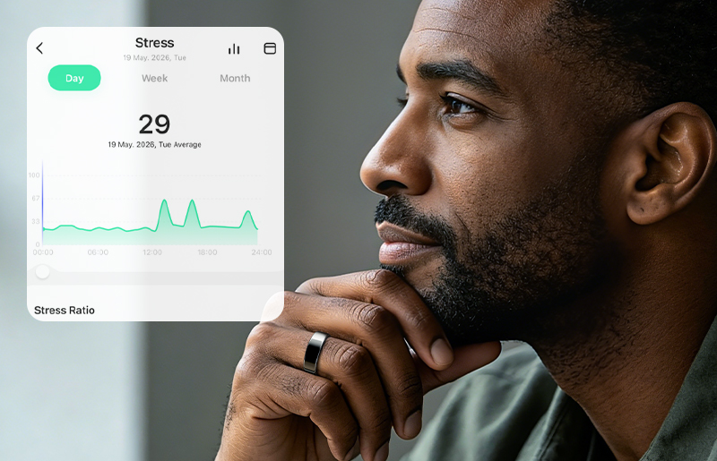 Man wearing Vanberray Smart Ring with stress index app panel